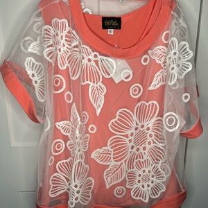 Bob Mackie Coral and White Sheer Floral 2 Piece Tank Blouse NWT Women's Plus 2X